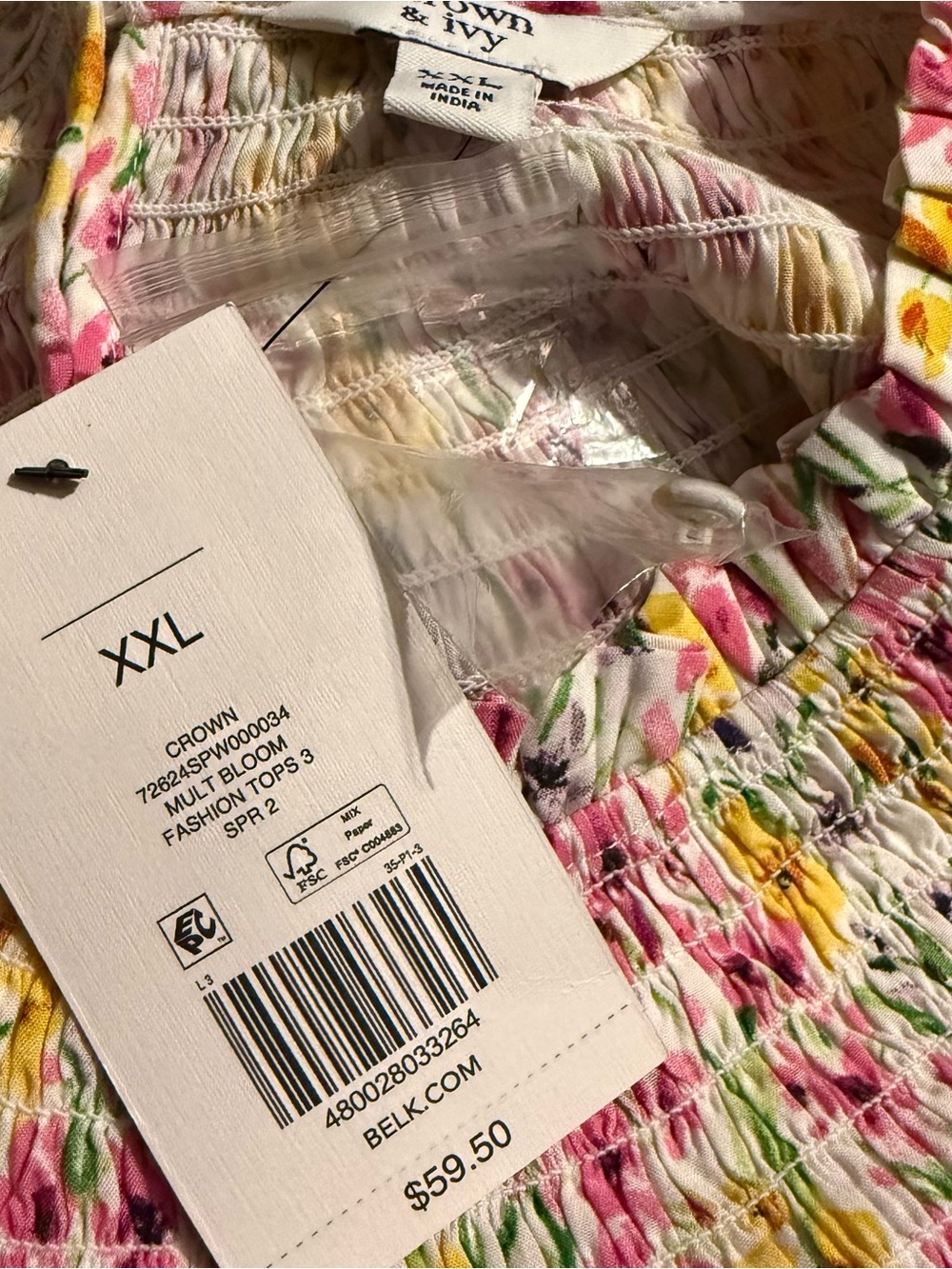 NWT Crown & Ivy White Floral Smocked Ruffle Cap Sleeve Top - Picture 4 of 5
